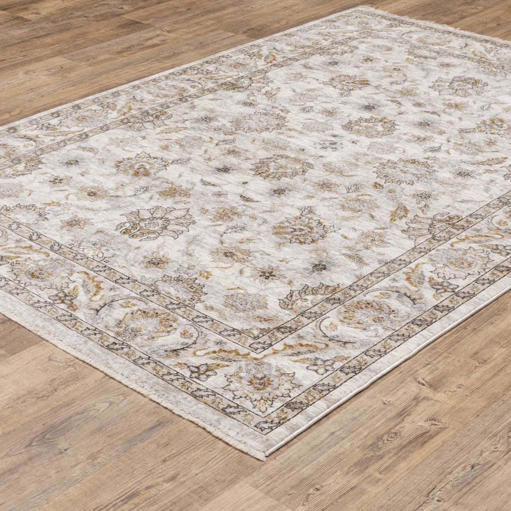 3' X 5' Ivory And Grey Oriental Power Loom Stain Resistant Area Rug With Fringe - Home & Garden