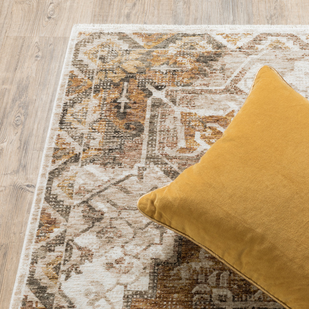2' X 3' Gold And Brown Oriental Distressed Area Rug With Fringe - Home & Garden