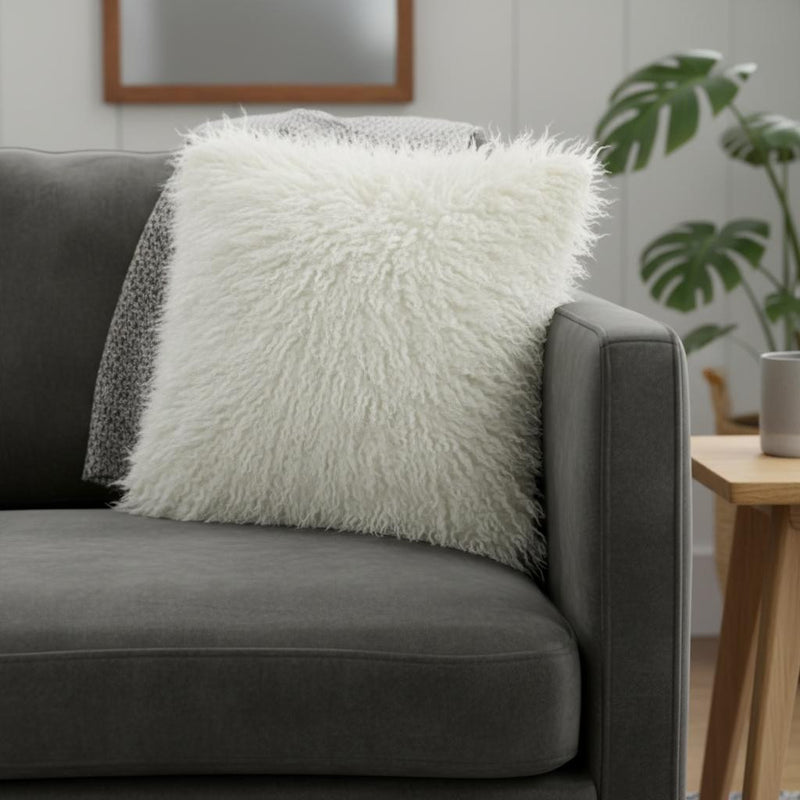 20" Creamy White Genuine Tibetan Lamb Fur Pillow With Microsuede Backing - Home Decor