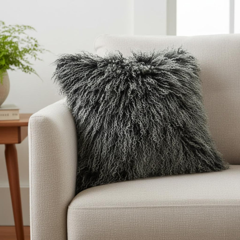 20" Black White Genuine Tibetan Lamb Fur Pillow With Microsuede Backing - Home Decor