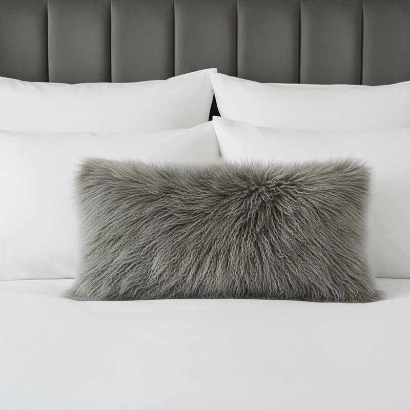 17" Grey Genuine Tibetan Lamb Fur Pillow With Microsuede Backing - Home Decor