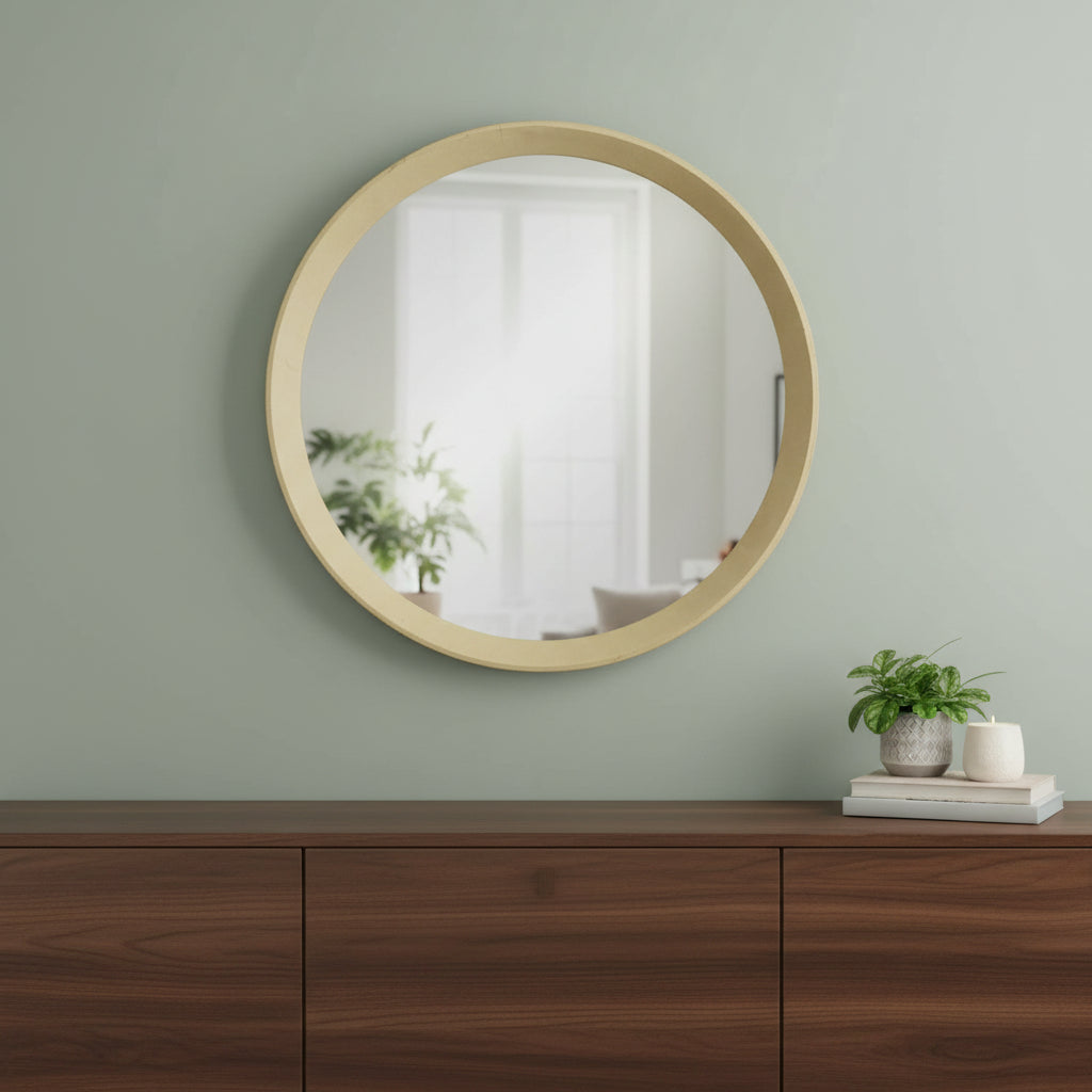 20" Cream Round Wood Framed Accent Mirror - Bed & Bath