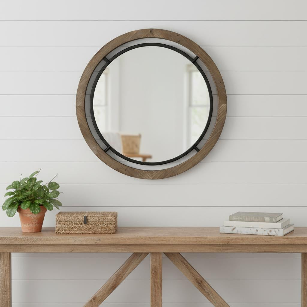 19" Black And Brown Metal And Solid Wood Round Geometric Framed Accent Mirror - Bed & Bath