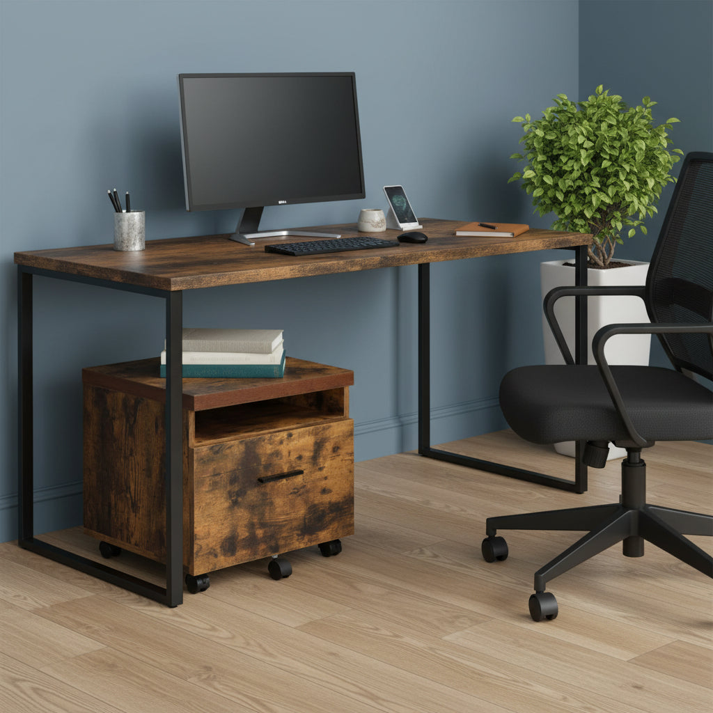 19" Brown And Black Rustic Wood Single Drawer Rolling Filing Cabinet - Office