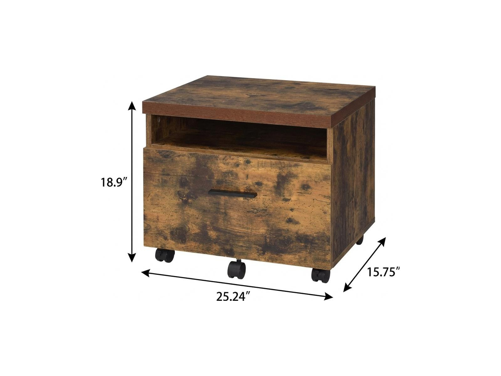 19" Brown And Black Rustic Wood Single Drawer Rolling Filing Cabinet - Office
