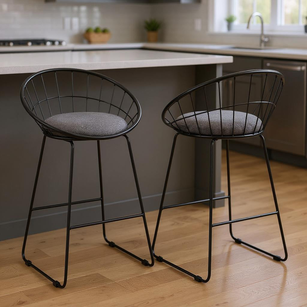 Set of Two 26" Gray And Black Fabric And Metal Low Back Counter Height Bar Chairs - Living Room