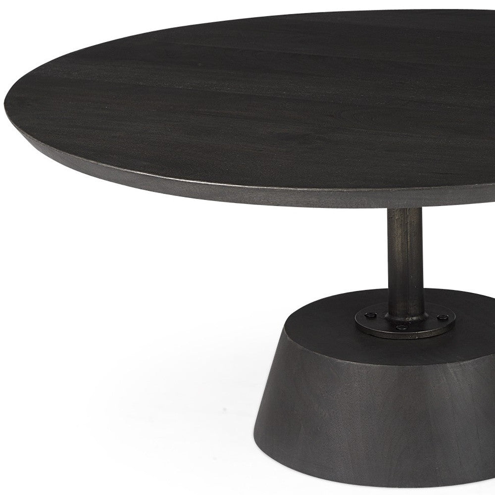32" Dark Brown and Black Solid Wood and Iron Round Pedestal Coffee Table - Living Room
