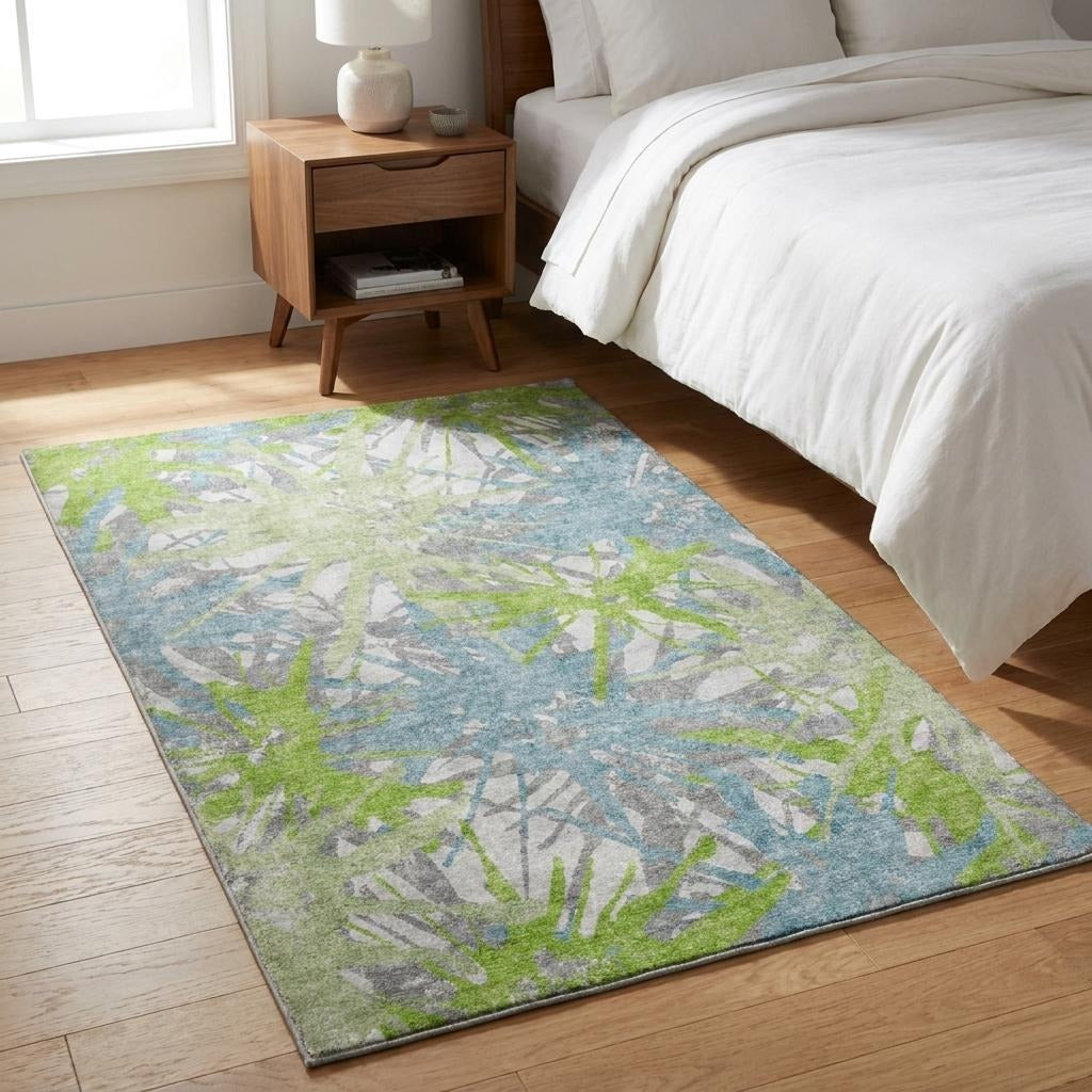 3' X 5' Green And Teal Abstract Shag Washable Area Rug With UV Protection - Home & Garden