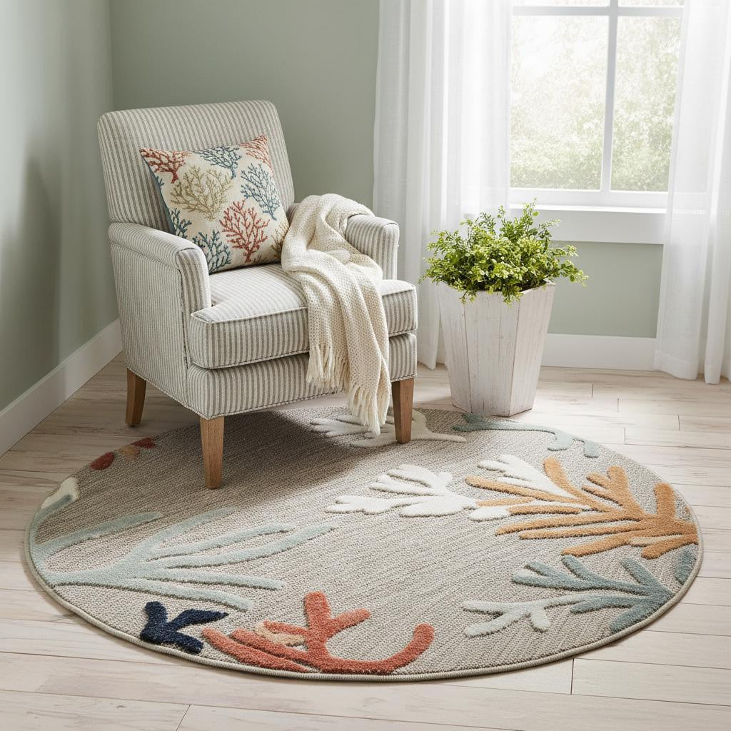 5' Beige And Orange Coral Round Rug - Home & Garden