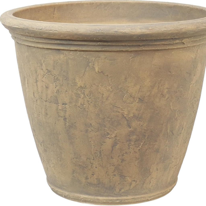 Beige round plastic planter pot with ridged rim and mottled textured surface