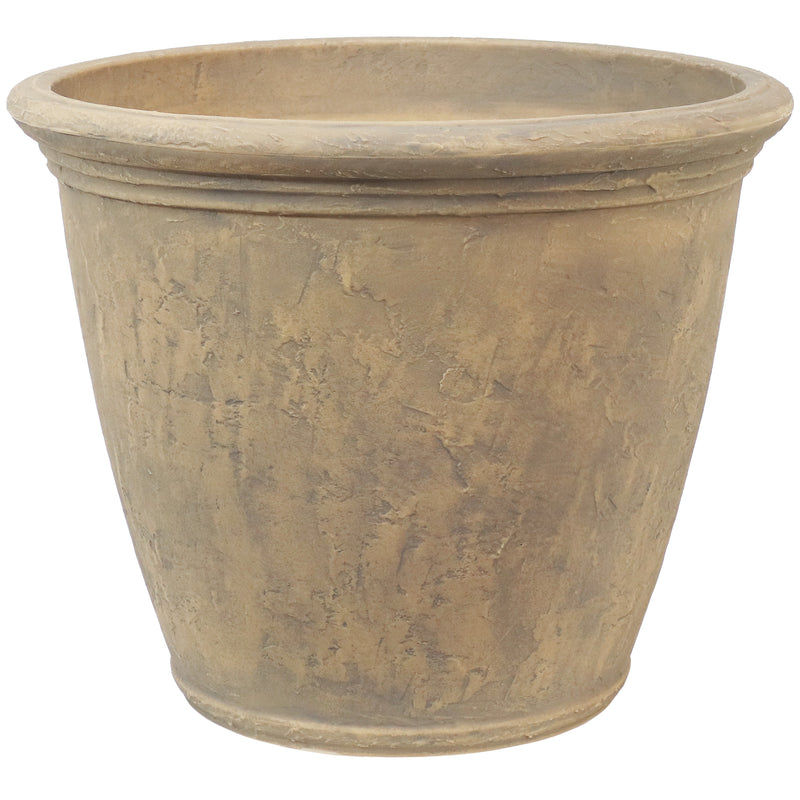 Beige round heavy-duty plastic planter pot with ridged top rim