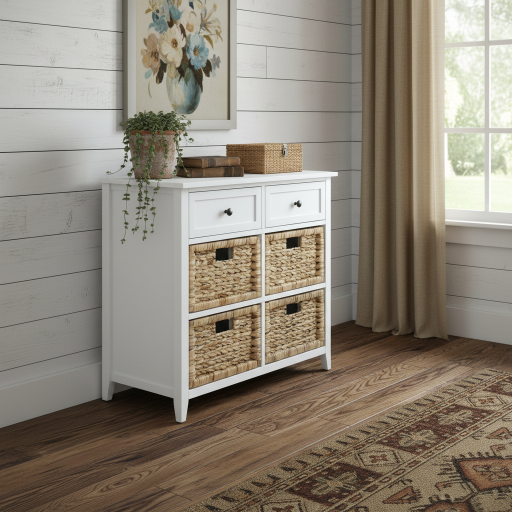 30" White Wood And Water Hyacinth Accent Cabinet With Six Drawers - Kitchen & Dining