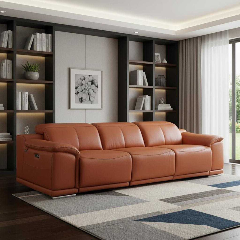 107" Camel Italian Leather Reclining USB Sofa - Living Room
