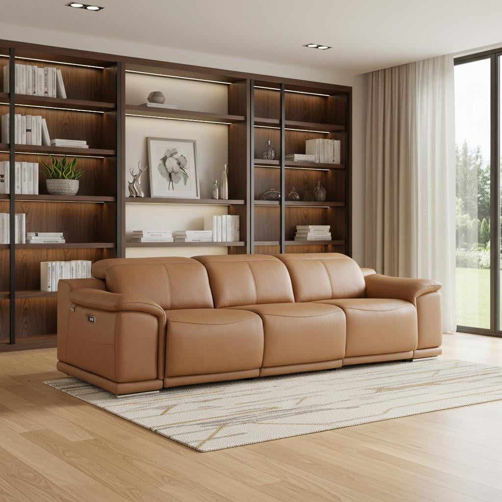 107" Chestnut Italian Leather Reclining USB Sofa - Living Room