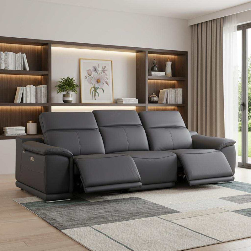 107" Dark Gray Italian Leather Reclining USB Sofa - Living Room