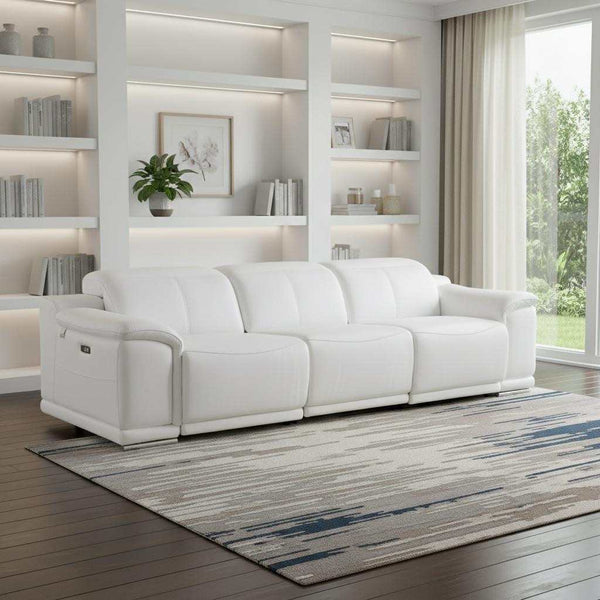 107" White Italian Leather Reclining USB Sofa - Living Room