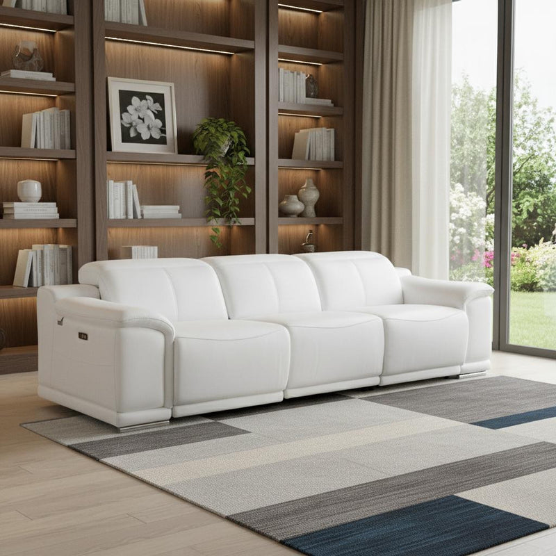 107" White Italian Leather Reclining USB Sofa - Living Room