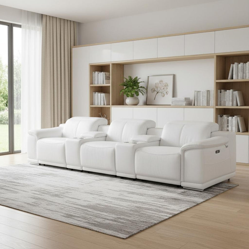 134" White Italian Leather Reclining USB and Wireless Charger Sofa And Storage - Living Room