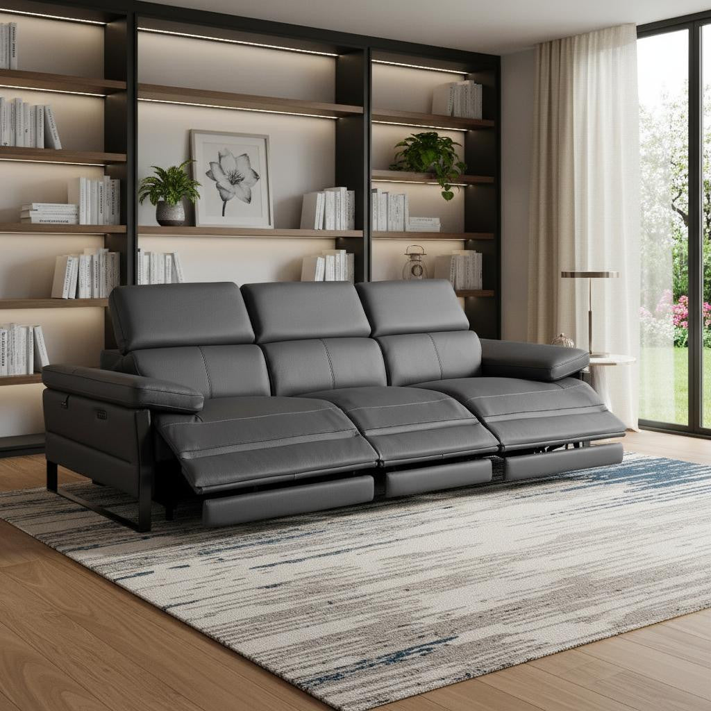104" Dark Gray Italian Leather Reclining USB Sofa - Living Room