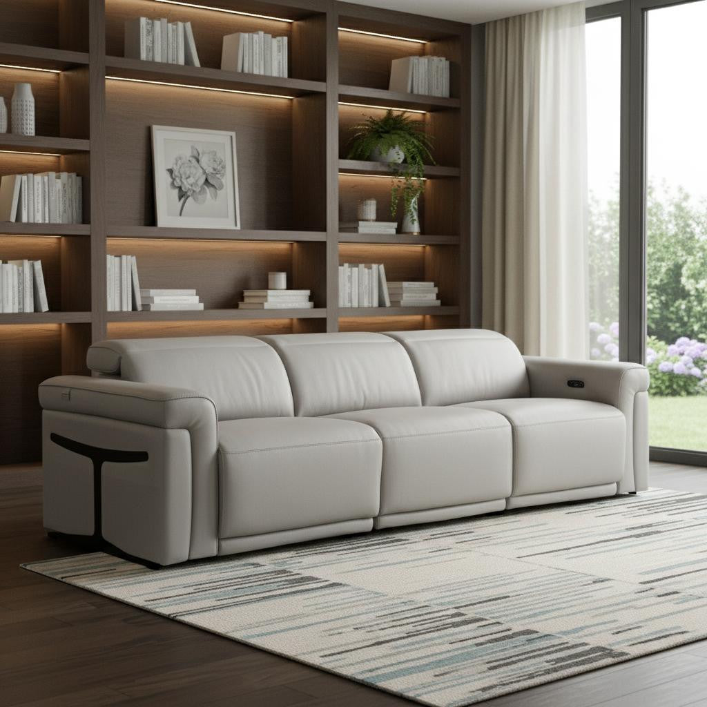100" Light Gray Italian Leather Reclining USB Sofa - Living Room