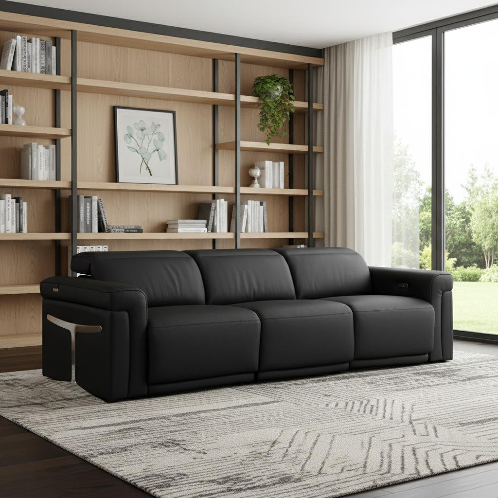 100" Black Italian Leather Reclining USB Sofa - Living Room