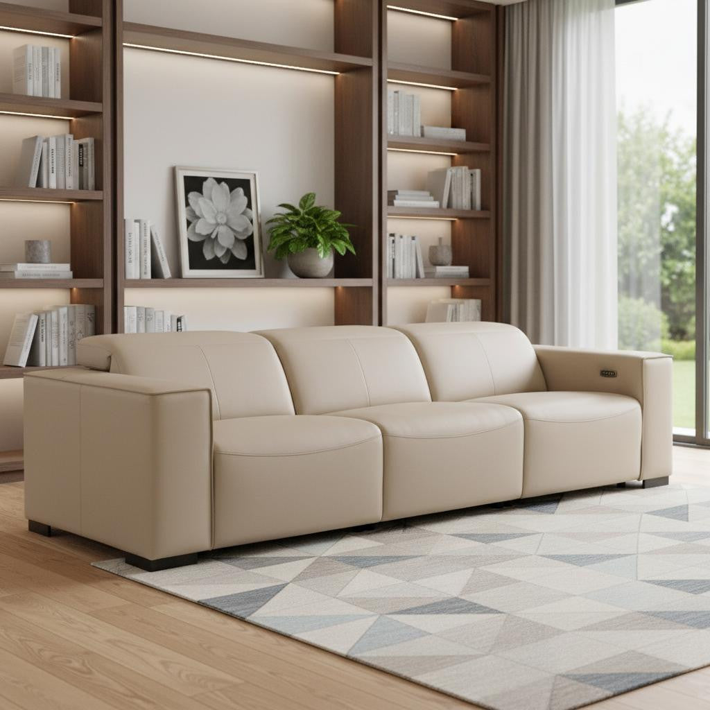 110" Beige Top Grain Leather Reclining USB Sofa - Living Room
