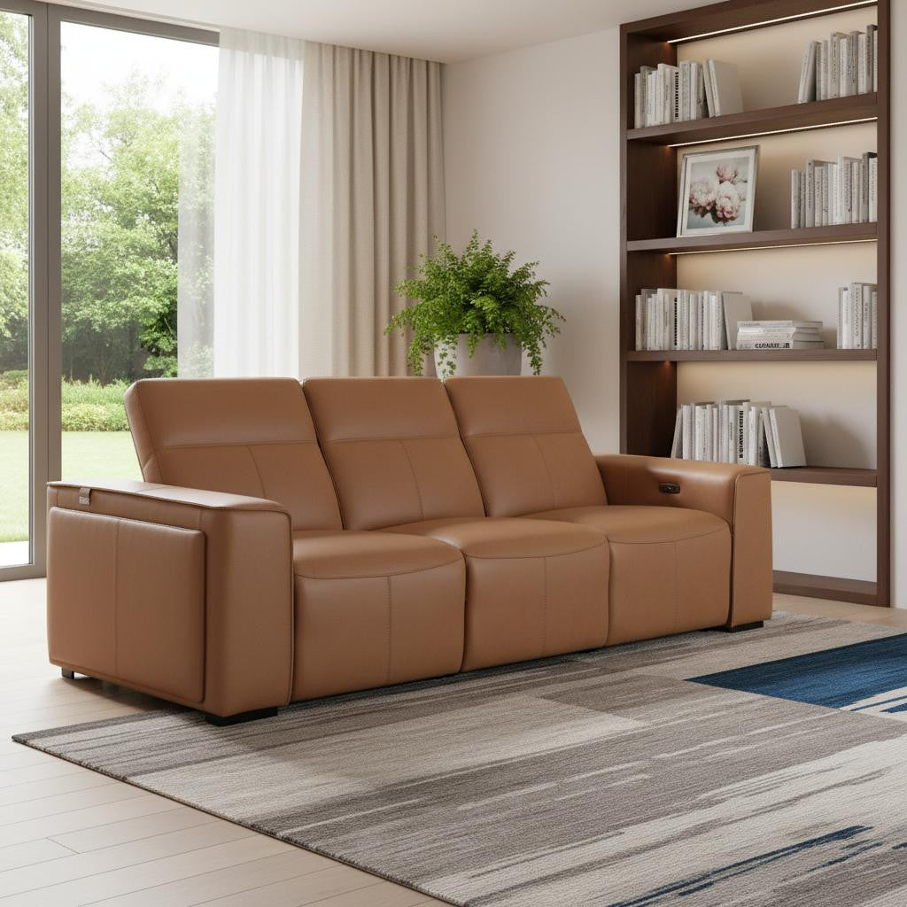 104" Chestnut Italian Leather Reclining USB Sofa And Storage - Living Room