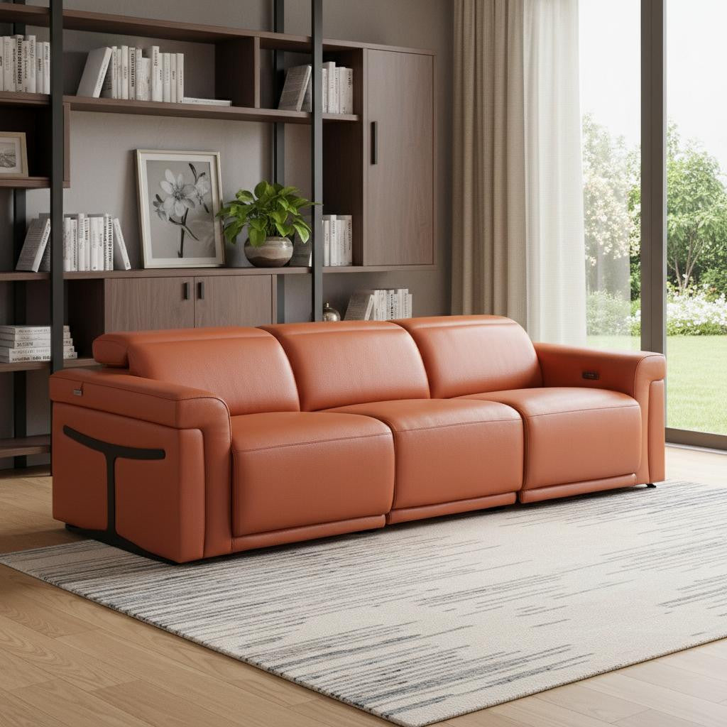 100" Camel Italian Leather Reclining USB Sofa - Living Room