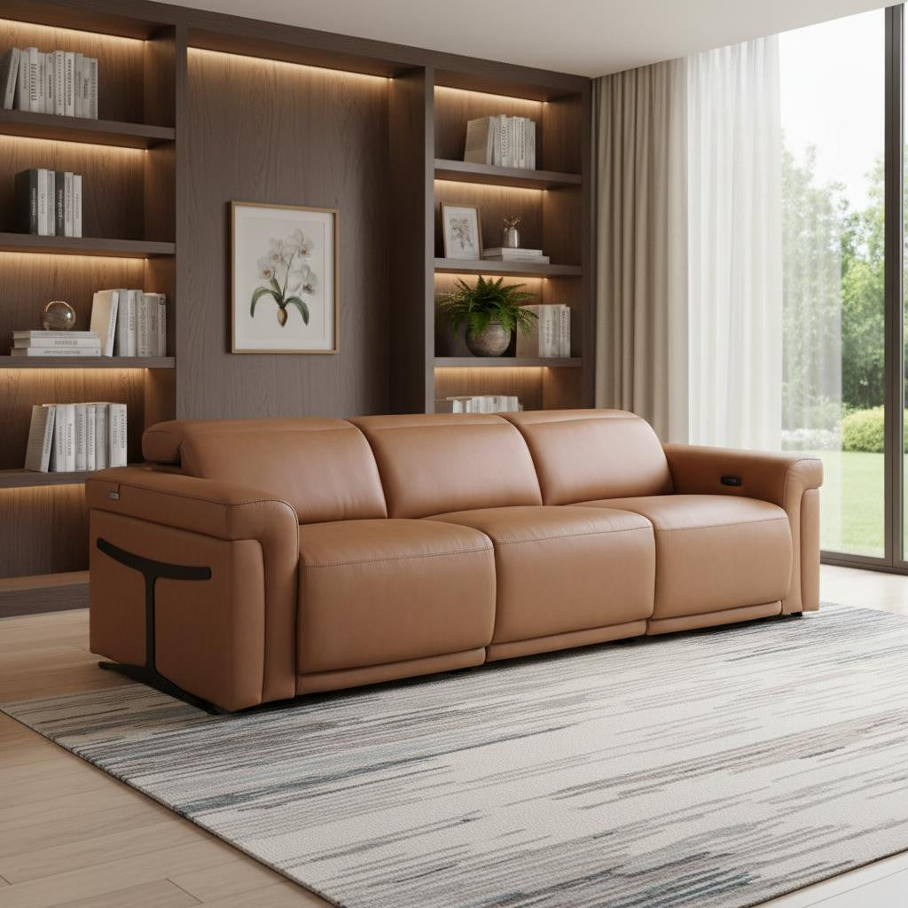100" Chestnut Italian Leather Reclining USB Sofa - Living Room