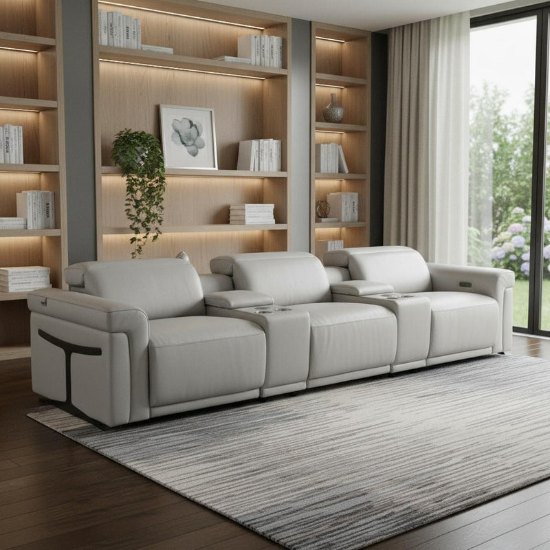 126" Light Gray Italian Leather Reclining USB and Wireless Charger Sofa And Storage - Living Room