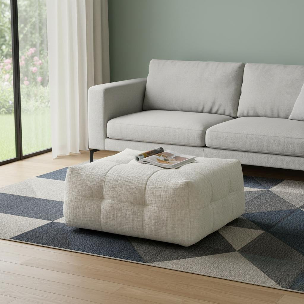 36" Beige and Black Chenille Tufted Pouf Ottoman - Living Room