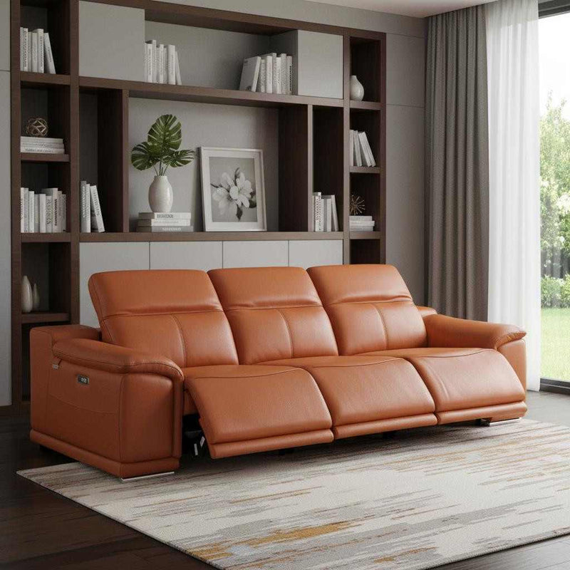 107" Camel Italian Leather Reclining USB Sofa - Living Room