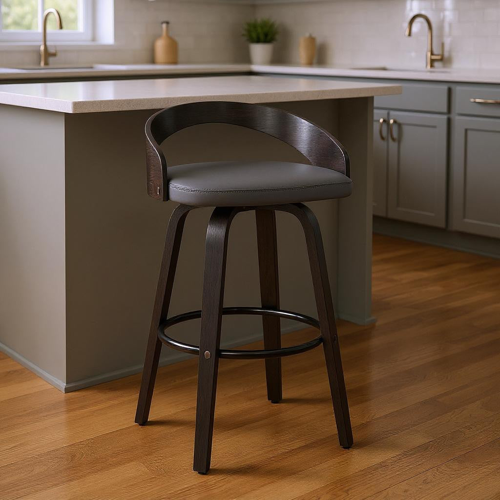 26" Gray And Black Faux Leather And Fabric And Iron Low Back Counter Height Swivel Bar Chair - Living Room