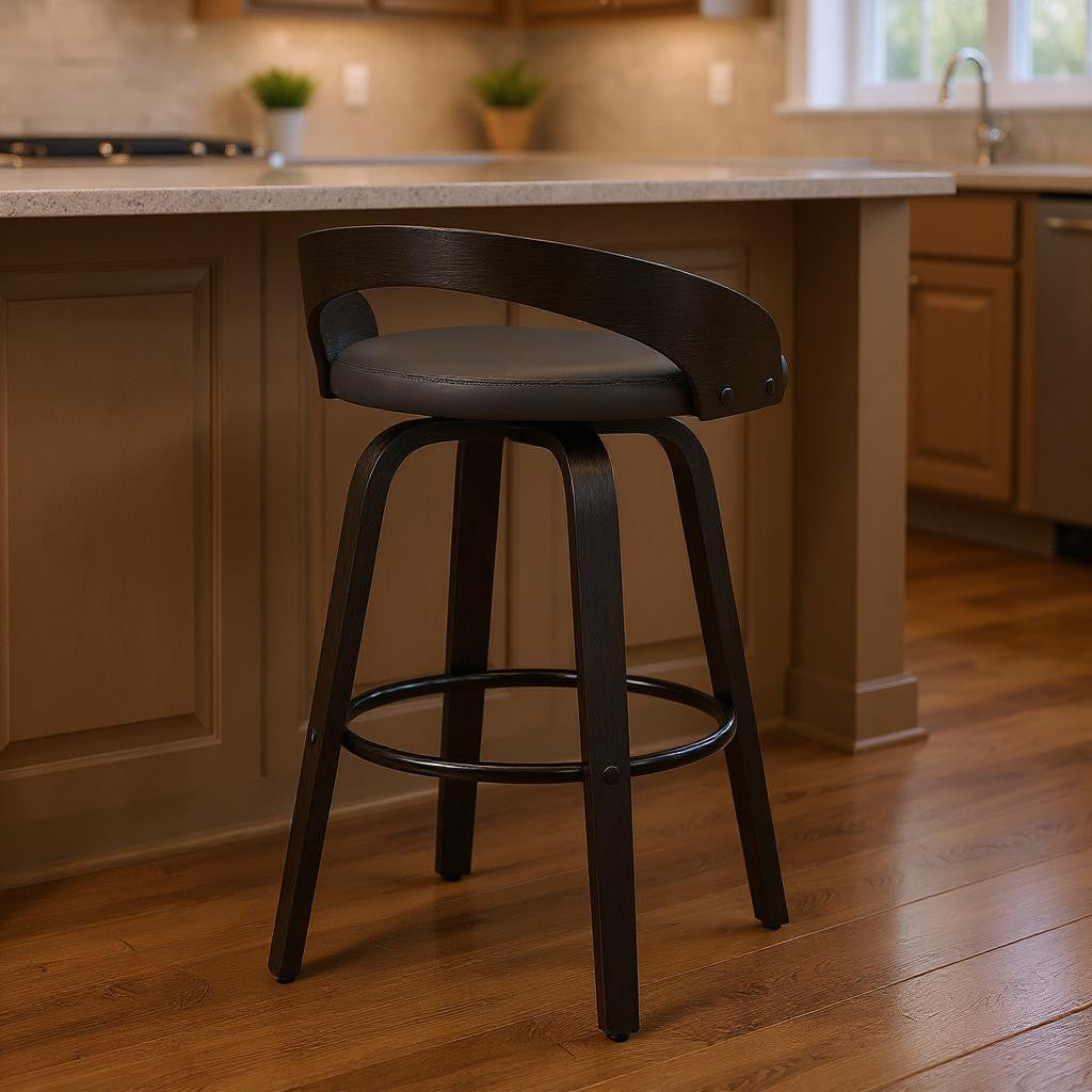 26" Gray And Black Faux Leather And Fabric And Iron Low Back Counter Height Swivel Bar Chair - Living Room
