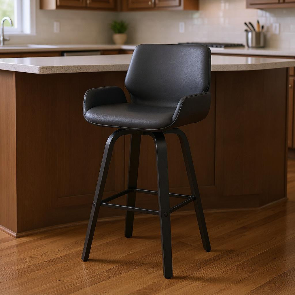 26" Gray And Black Faux Leather And Fabric And Iron Counter Height Swivel Bar Chair - Living Room
