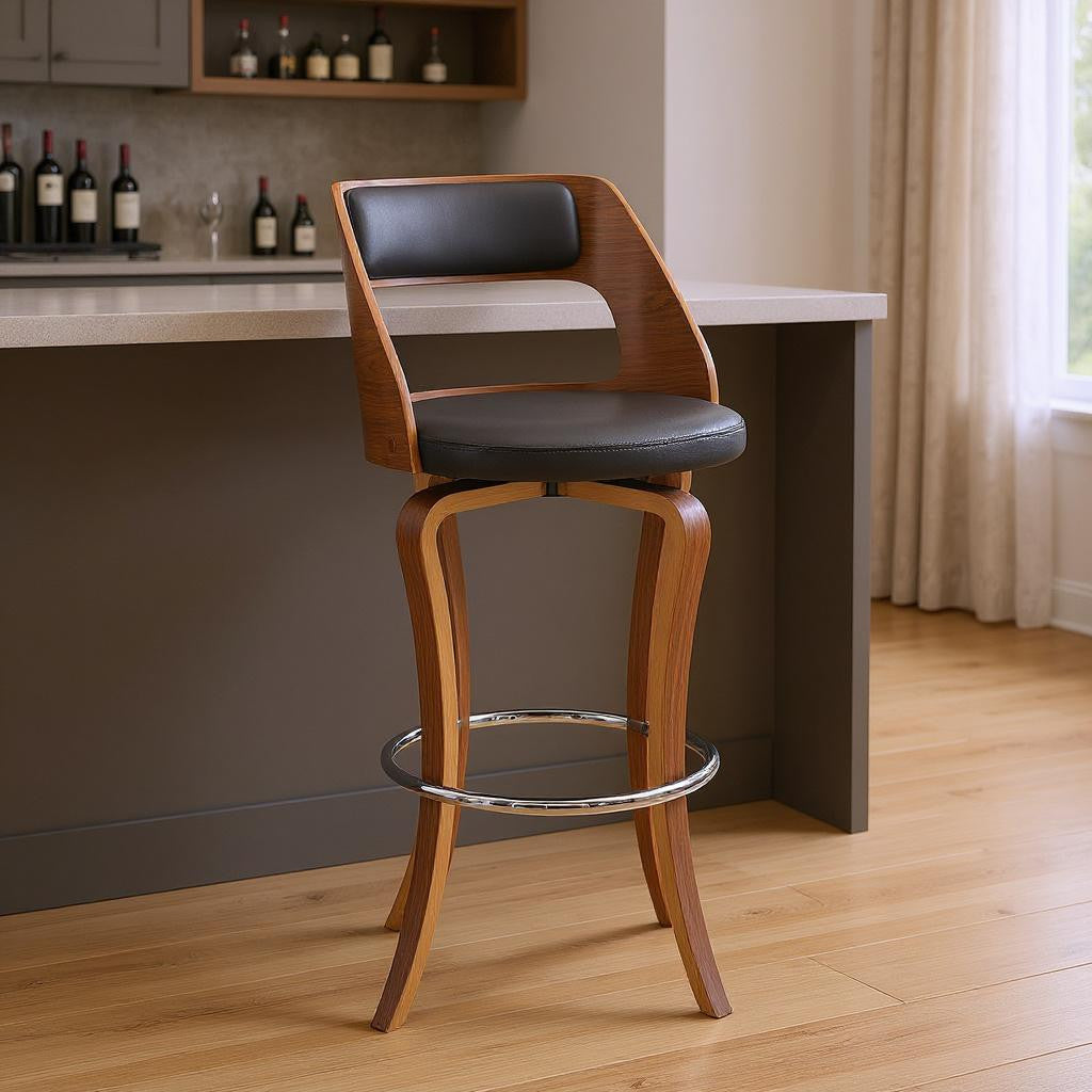 29" Gray And Brown Faux Leather And Fabric And Wood Bar Height Swivel Bar Chair - Living Room