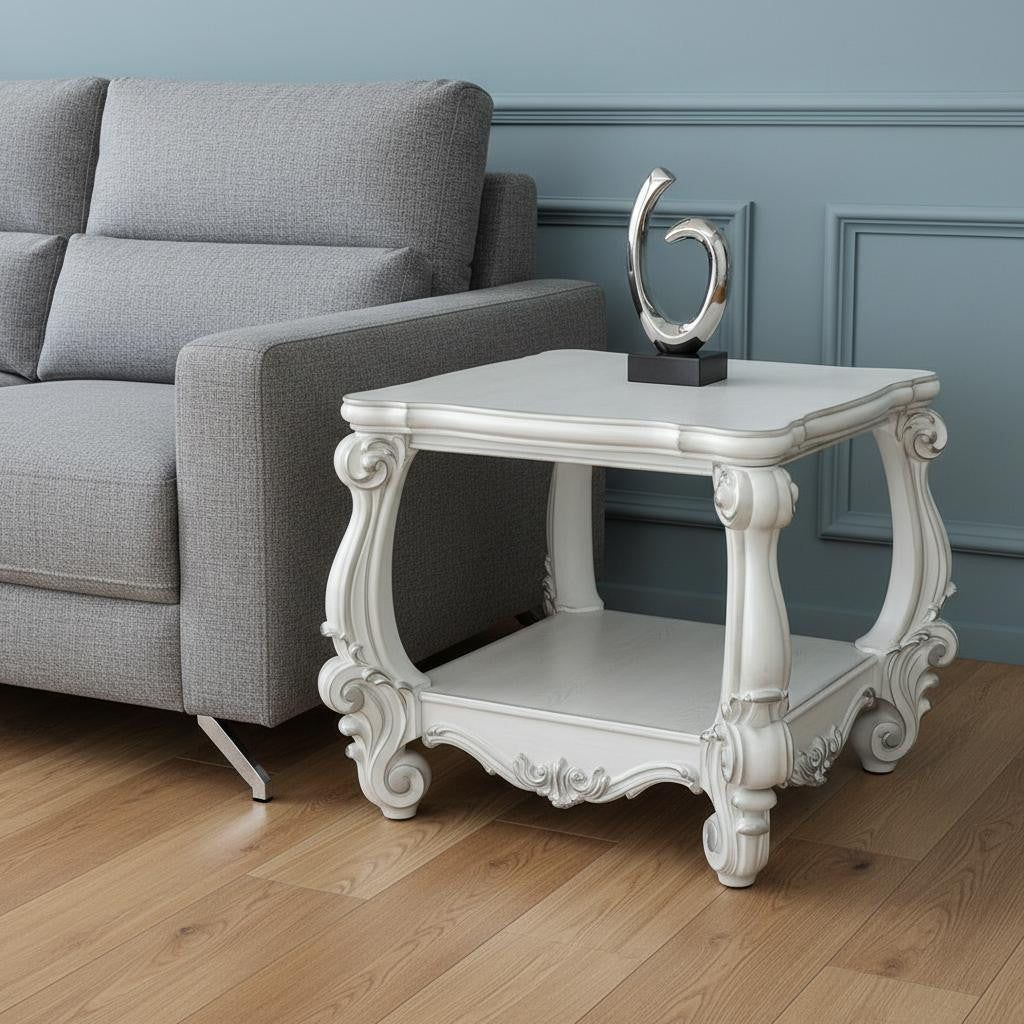 26" Antiqued White Manufactured Wood Square Scroll End Table With Shelf - Living Room
