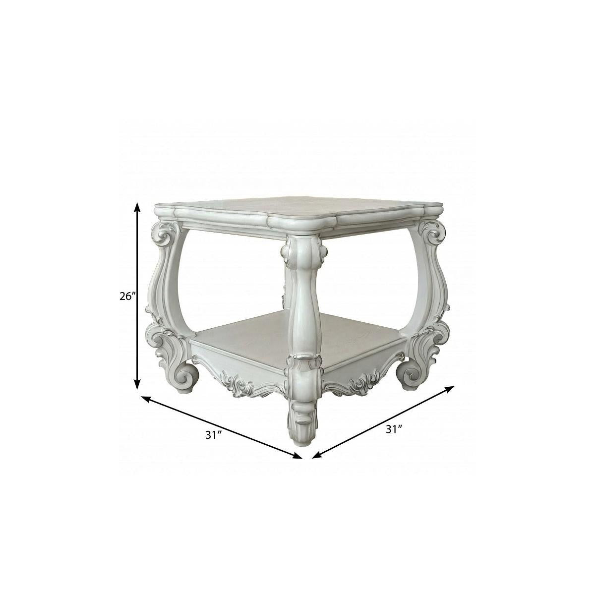 26" Antiqued White Manufactured Wood Square Scroll End Table With Shelf - Living Room