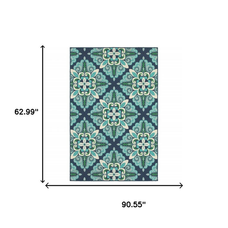 Indoor outdoor area rug size 90.55 x 62.99 in with teal floral pattern on navy