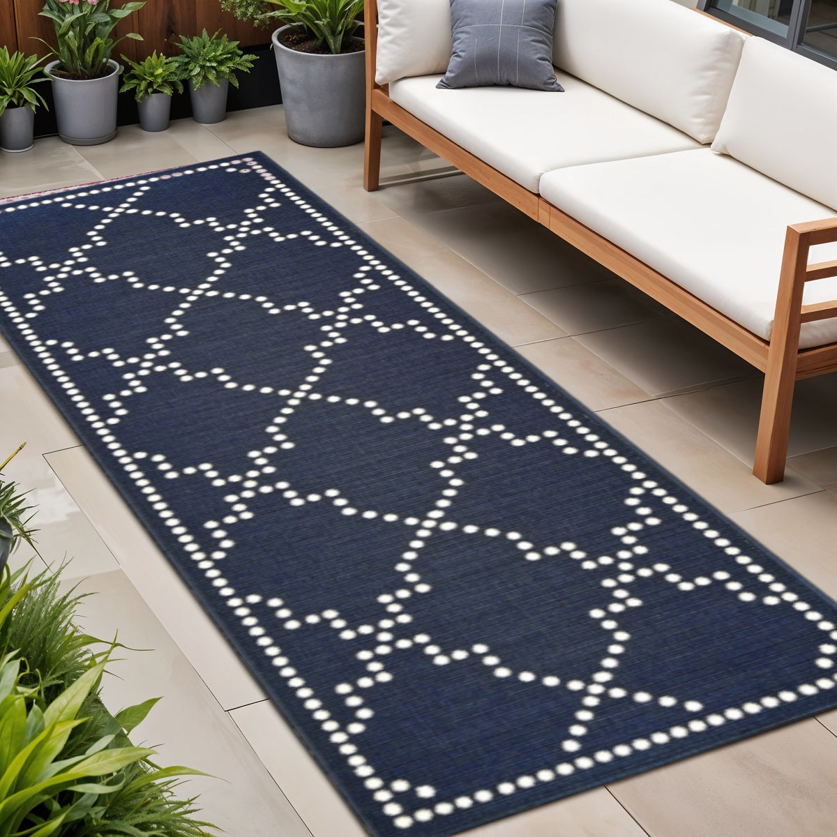 2' X 8' Blue and Ivory Geometric Stain Resistant Indoor Outdoor Area Rug - Outdoor