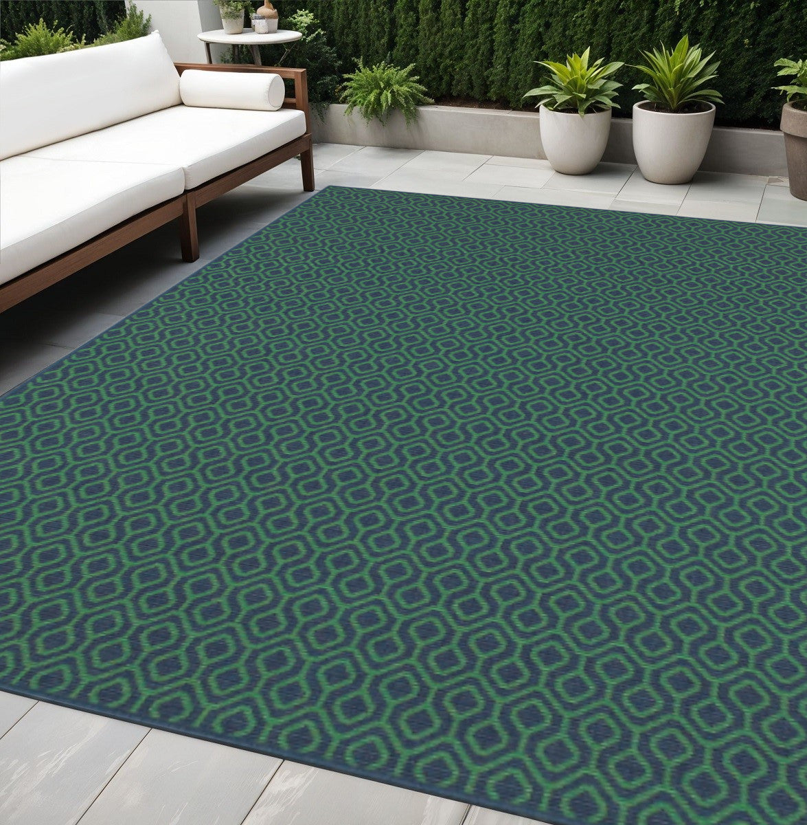 5' X 8' Blue and Green Geometric Stain Resistant Indoor Outdoor Area Rug - Outdoor