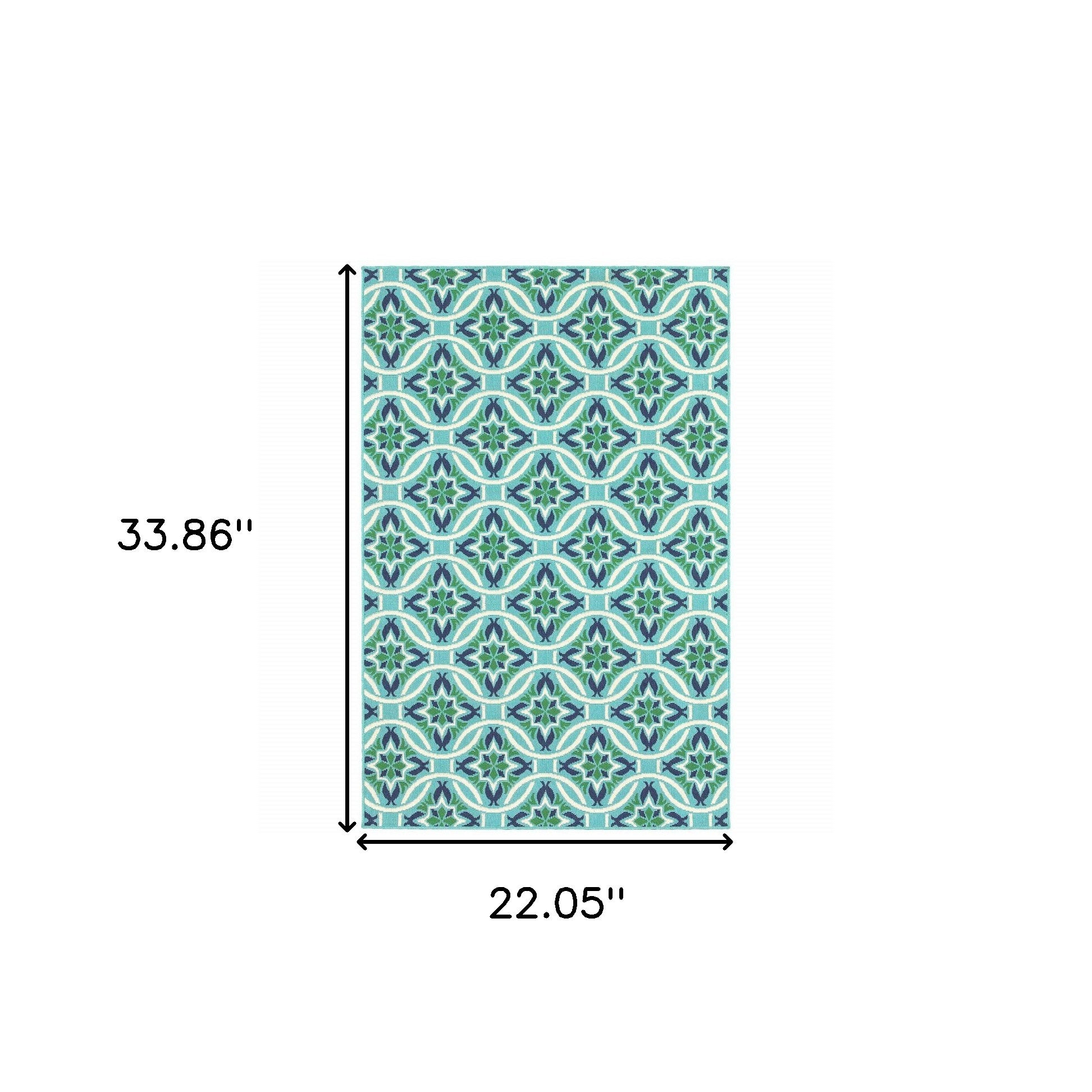 2' X 3' Blue and Green Geometric Stain Resistant Indoor Outdoor Area Rug - Outdoor