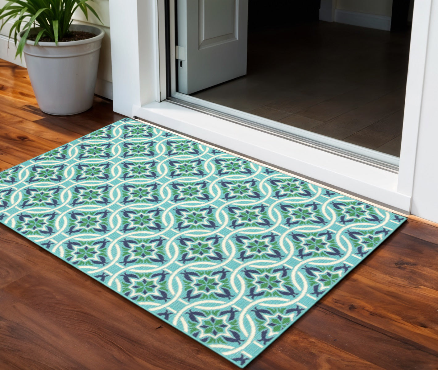 2' X 3' Blue and Green Geometric Stain Resistant Indoor Outdoor Area Rug - Outdoor