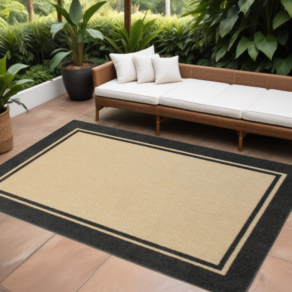 7' X 10' Beige And Black Indoor Outdoor Area Rug - Outdoor