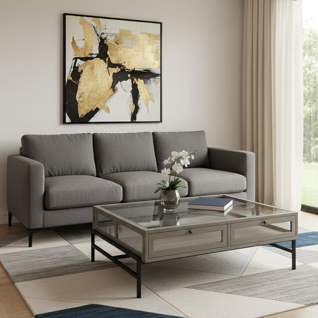 Square coffee table with glass top, gray wood-look drawers, black metal frame