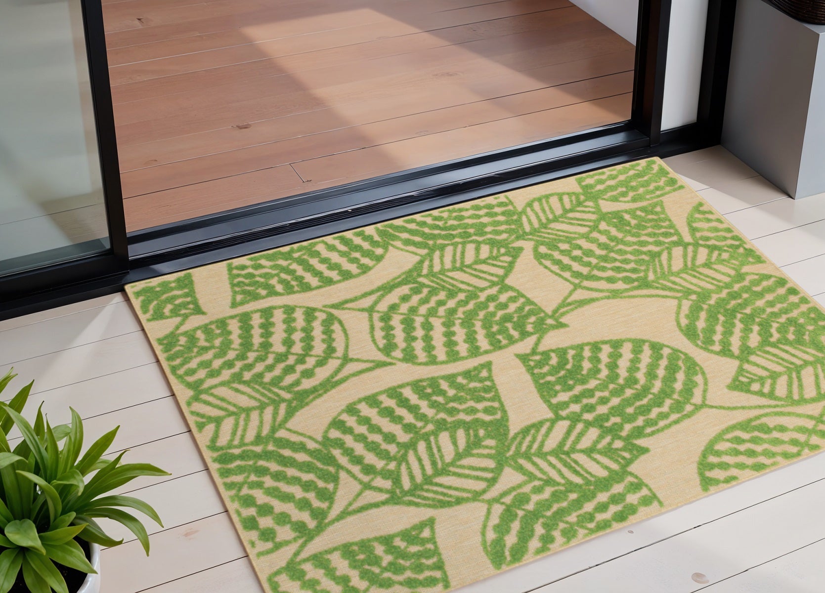 2' X 3' Beige and Black Floral Stain Resistant Indoor Outdoor Area Rug - Outdoor