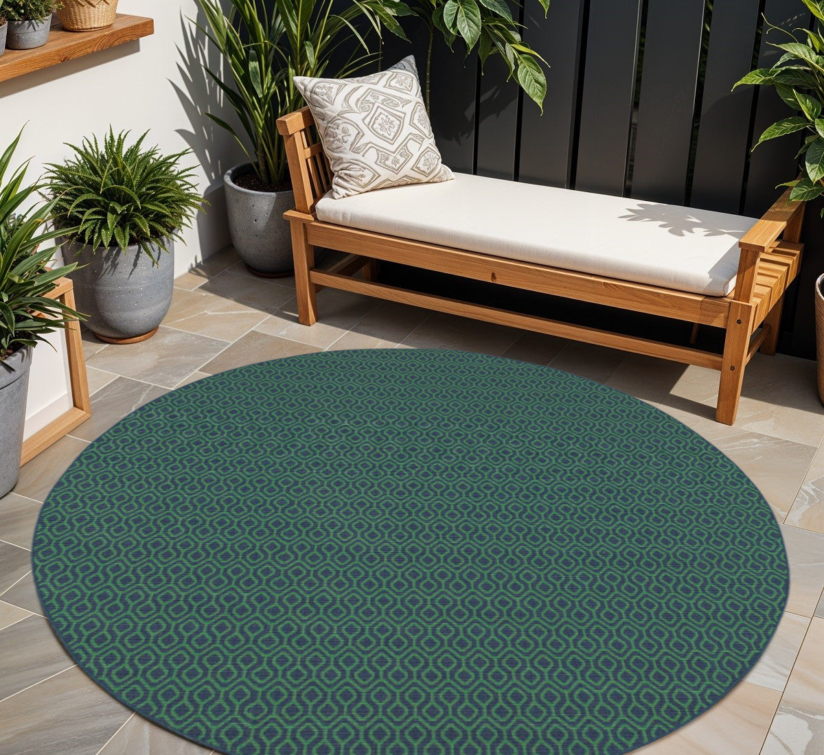 8' X 8' Blue and Green Round Geometric Stain Resistant Indoor Outdoor Area Rug - Outdoor