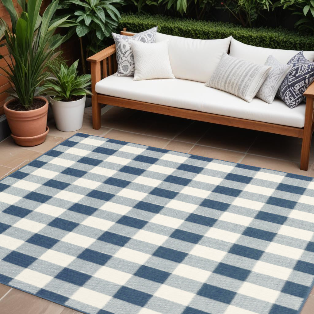 8' X 11' Blue and Ivory Geometric Stain Resistant Indoor Outdoor Area Rug - Outdoor