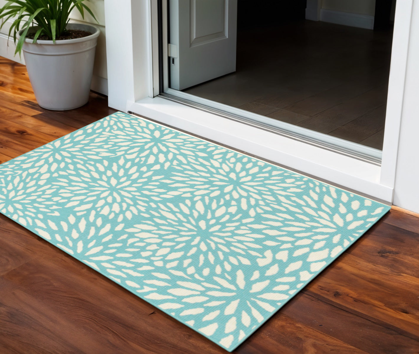 2' X 3' Blue and Ivory Floral Stain Resistant Indoor Outdoor Area Rug - Outdoor
