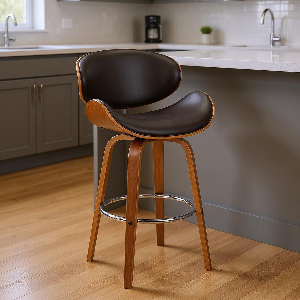 26" Brown Faux Leather And Fabric And Iron Low Back Counter Height Swivel Bar Chair - Living Room